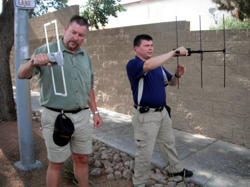 George Ehr from the Winnipeg Search and Rescue Chapter of SARMAN Sgt Randy Antonio WPS GSAR Unit. Both are seen her demonstrating their dedication to Project Lifesaver Manitoba by attending Electronic Search Specialist Instructor Training in Las Vegas - July 2012.